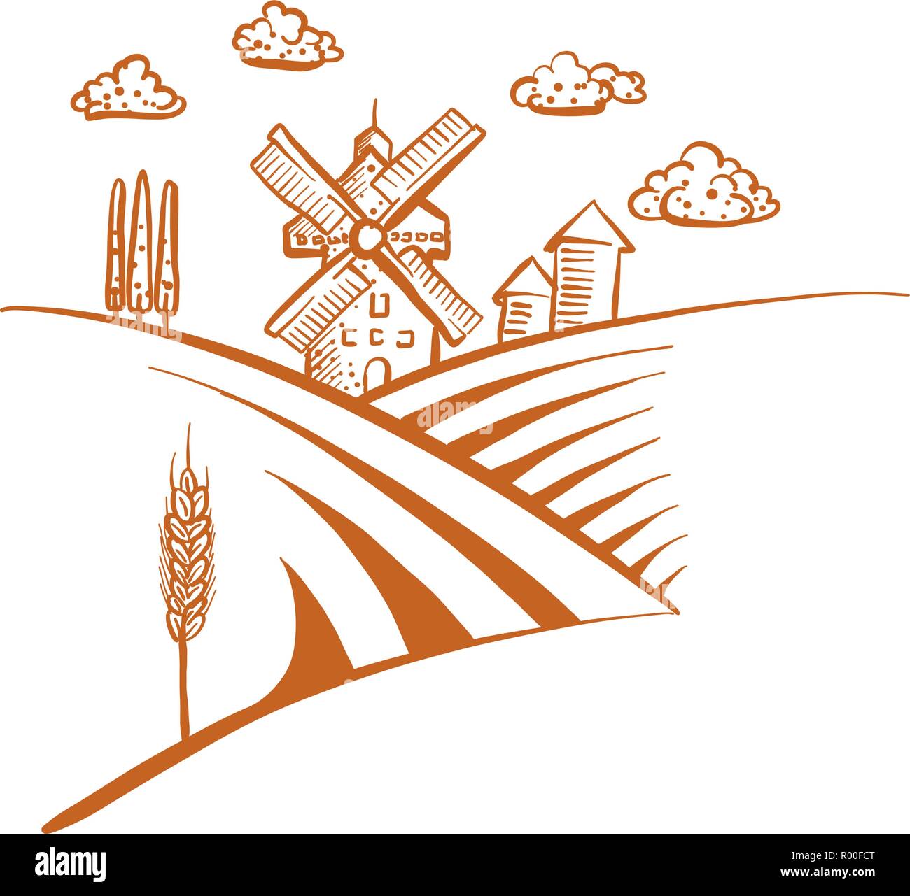 Il mulino a vento di icona di disegno su sfondo vintage. Vettore illustrazione di cibo. Illustrazione Vettoriale