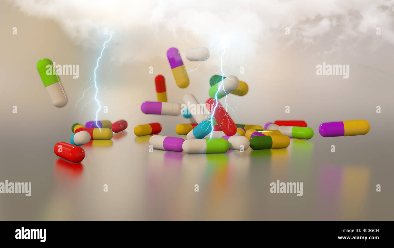 3D rendering variopinte pillole medico cade da un thundercloud Foto Stock