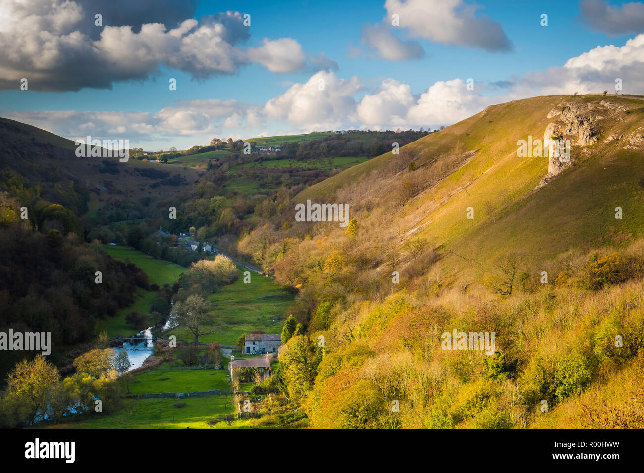 Il fiume Wye ha tagliato in profondità nel calcare circostante nel Derbyshire Peak District. Foto Stock
