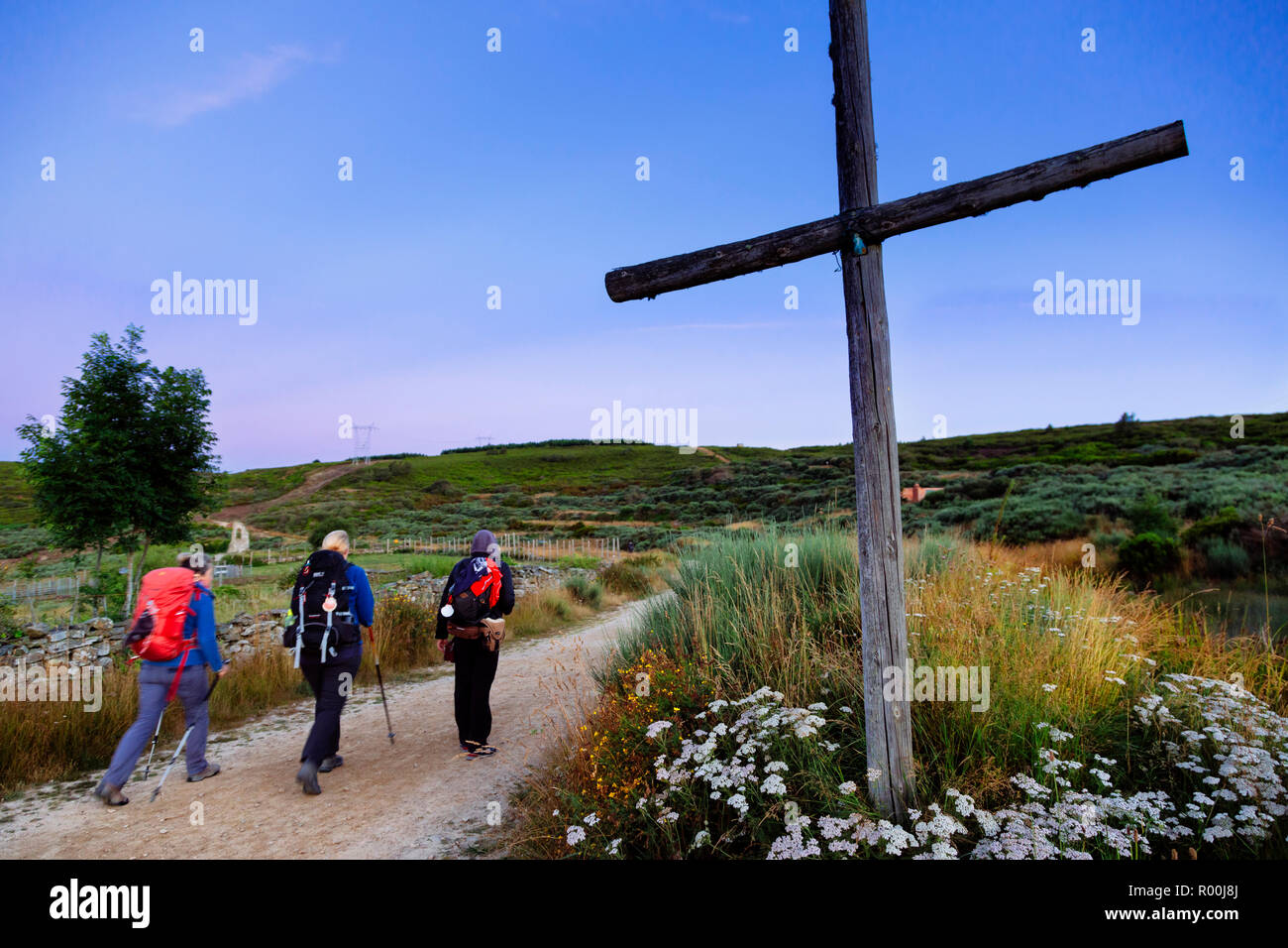 Camino de Santiago (Spagna) - Pellegrini in cammino lungo la via di San  Giacomo nel paesaggio di Bierzo Foto stock - Alamy