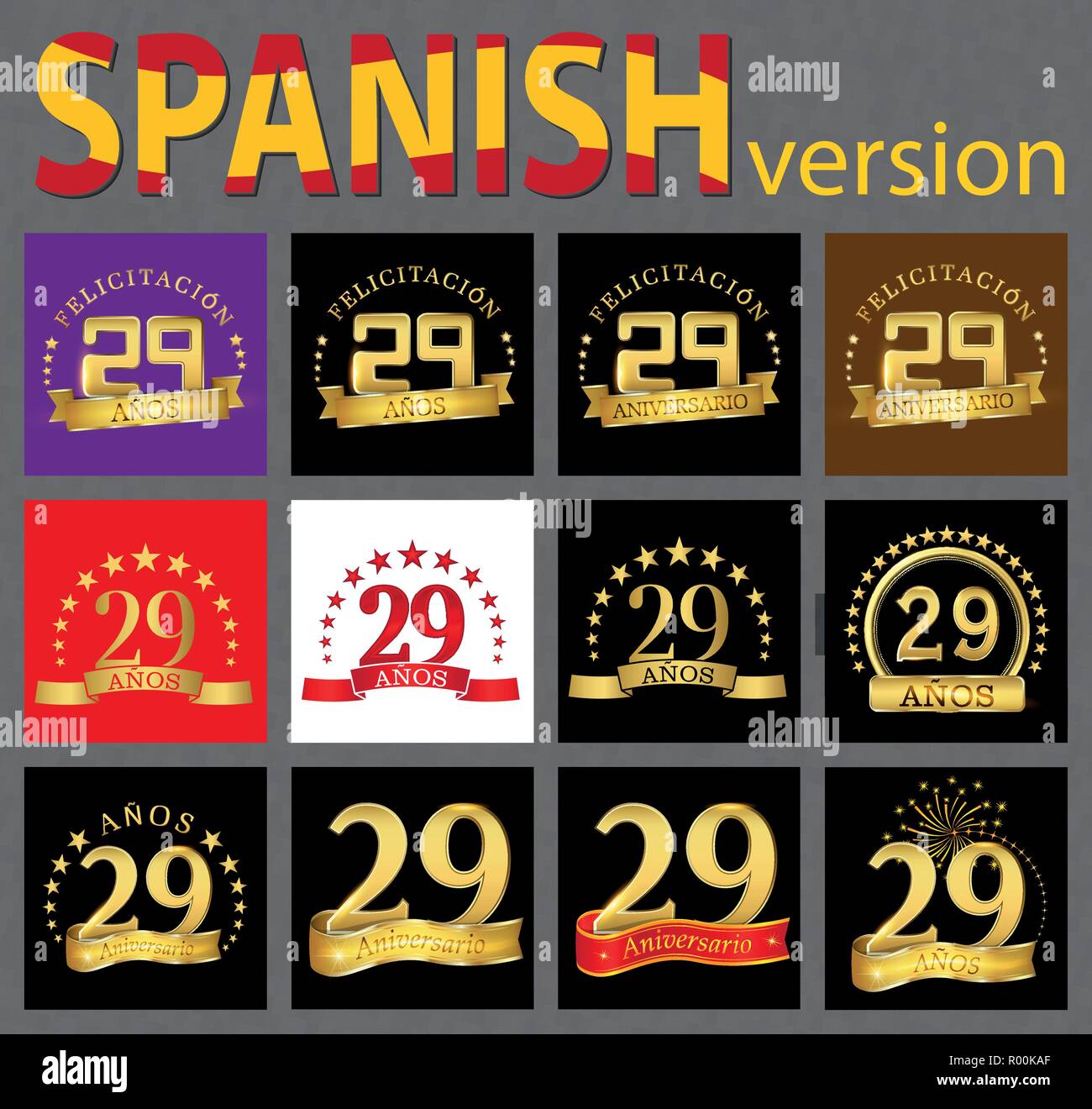 Impostare il numero di ventinove (29 anni) la celebrazione del design. Anniversario numero d'oro agli elementi del modello per la tua festa di compleanno. Tradotto dal Span Illustrazione Vettoriale
