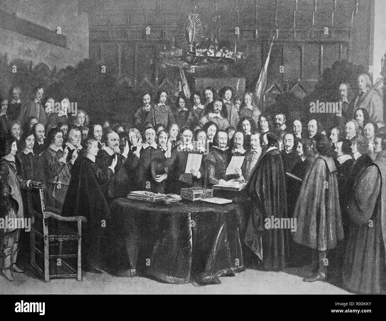 Digital riproduzione migliorata la prestazione del giuramento di ratifica del trattato di MÃ¼nster nel 1648, Der Vertrag von MÃ¼nster oder WestfÃ¤lischer Friede, Germania, originale stampa da l'anno 1899 Foto Stock
