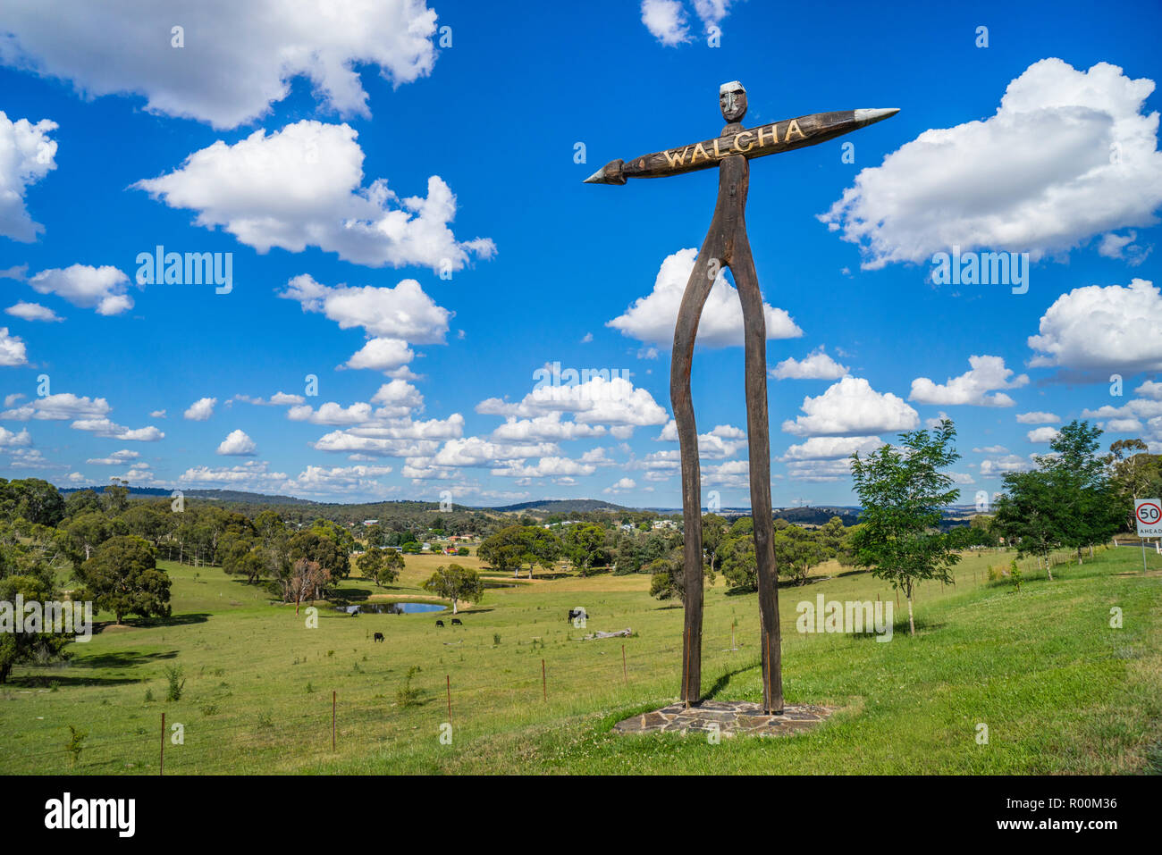 Il tallowwood scultura intitolata "vero nato uomo nativo' da Nigel bianco, accoglie i visitatori con la Northern alpeggi in paese di Walcha sul Oxley Foto Stock