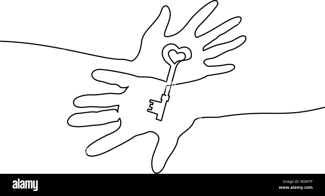 Continuo di un disegno della linea. Abstract mani tenendo la chiave. Illustrazione Vettoriale Illustrazione Vettoriale
