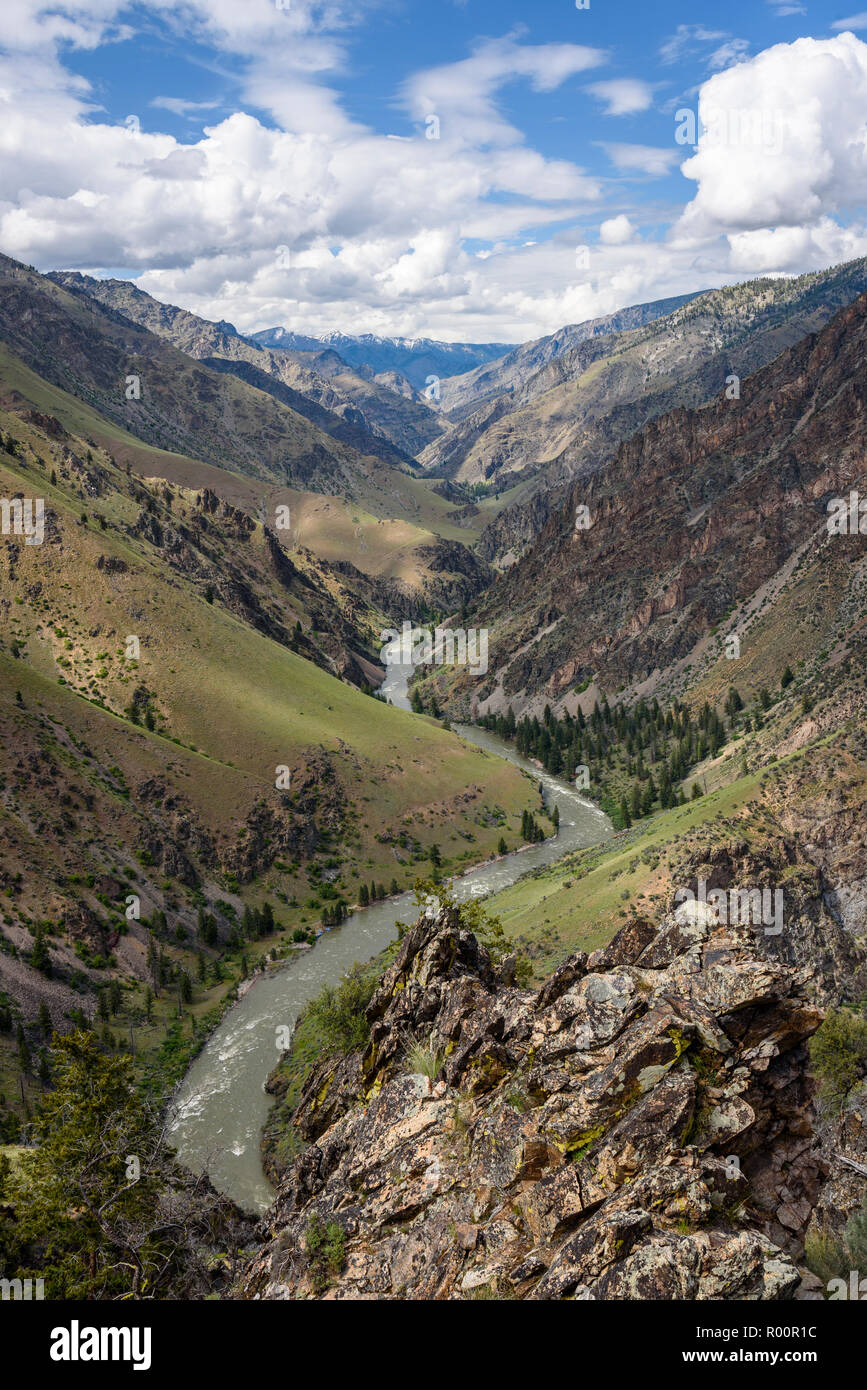 Middle Fork Salmon River in Idaho da Johnson Point sopra Little Pine Camp. Con outfitter avventure lontane e lontane. Foto Stock