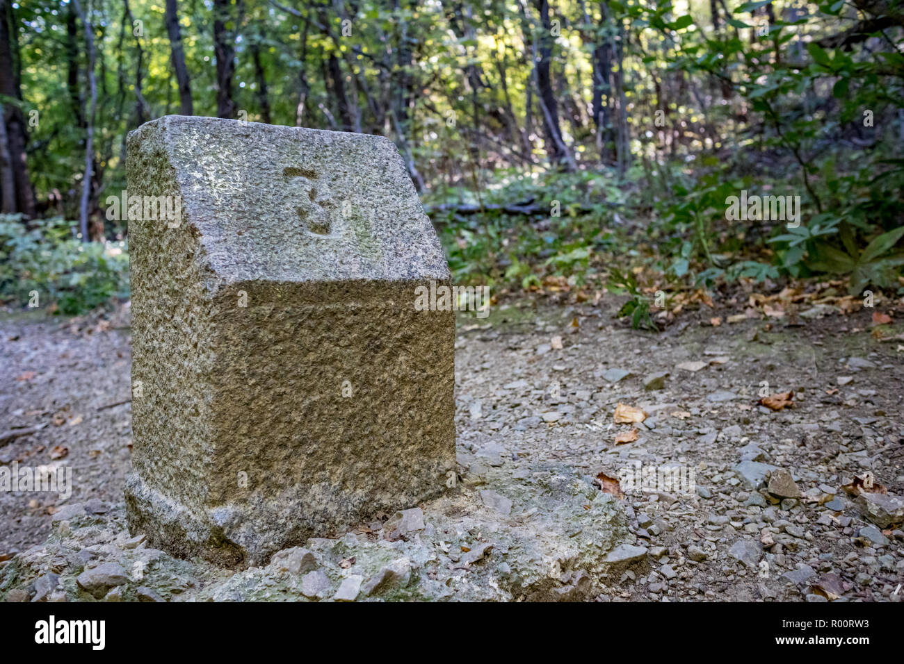 Numero tre-pietra scolpita sulla pietra miliare di granito che si trova in una escursione in montagna Vitosha, Bulgaria nell'ombra di una giornata autunnale Foto Stock