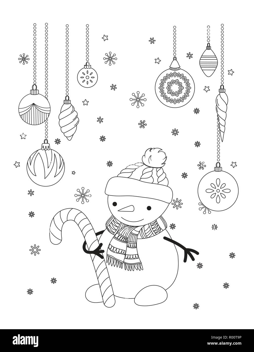 Natale pagina da colorare per bambini e adulti. Carino pupazzo di neve con sciarpa e cappuccio a maglia. Disegnata a mano illustrazione vettoriale. Illustrazione Vettoriale