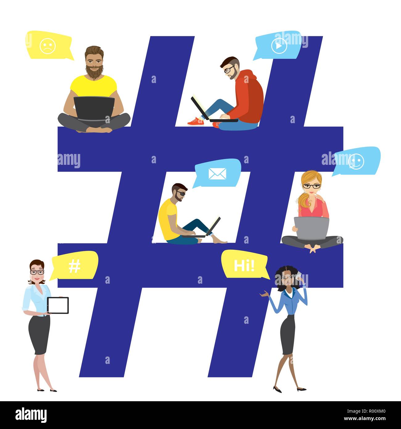 Hashtag illustrazione dei giovani utilizzando laptop e smartphone per l'invio di messaggi e la loro condivisione nei social media. Grande simbolo hashtag design con gu Illustrazione Vettoriale