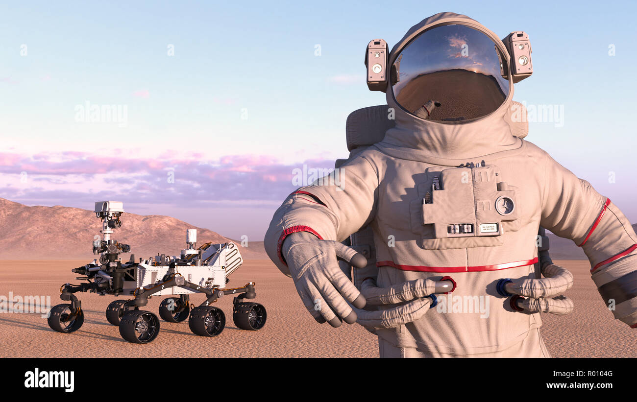 Astronauta con Mars rover, cosmonauta accanto a spazio robotico veicolo autonomo su un pianeta deserte, close up, rendering 3D Foto Stock