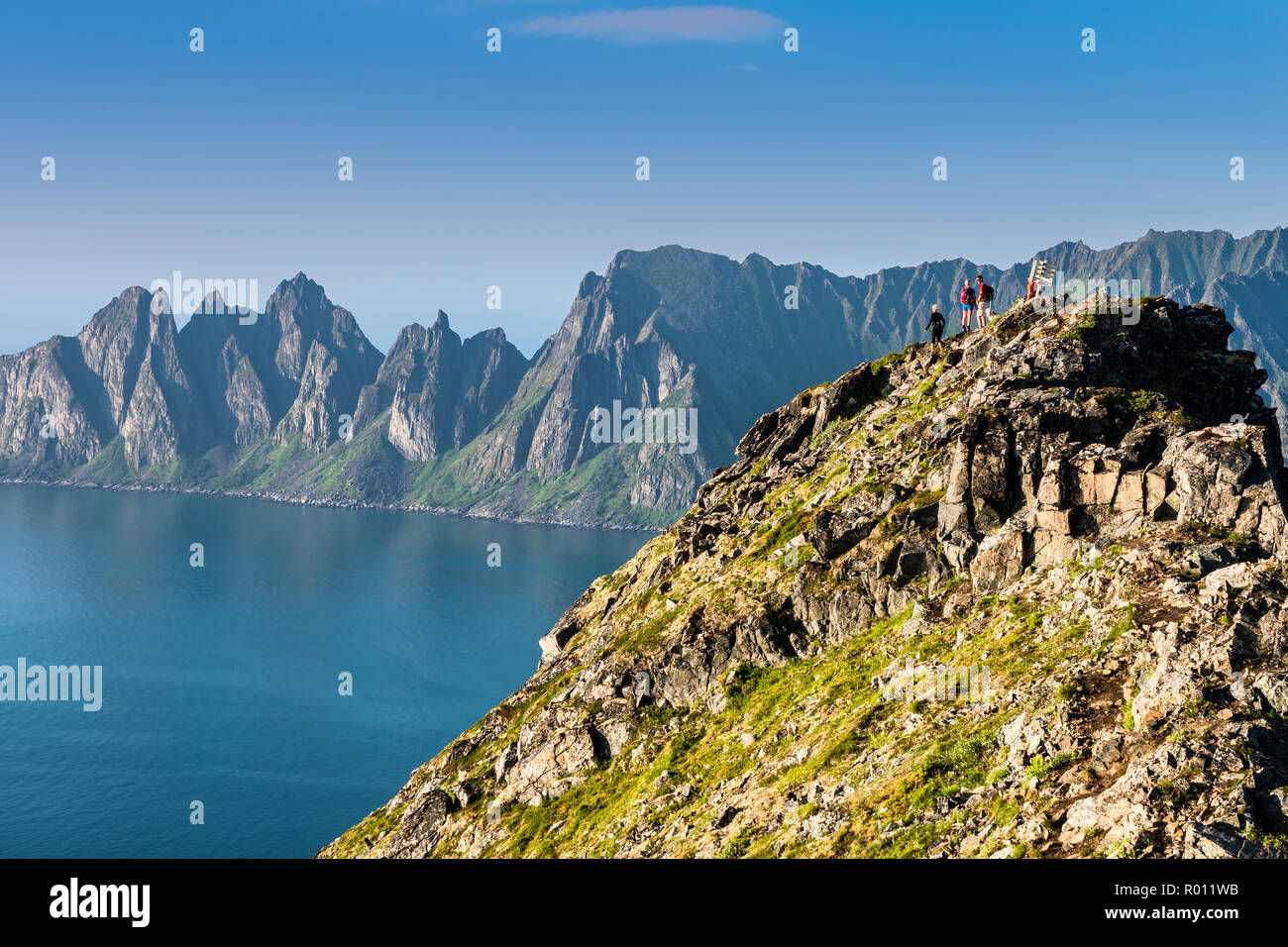 Gli escursionisti sulla cima della montagna Husfjell, vista dal vertice all mountain range Okshornan nel retro, isola Senja, Troms, Norvegia settentrionale, Norvegia Foto Stock