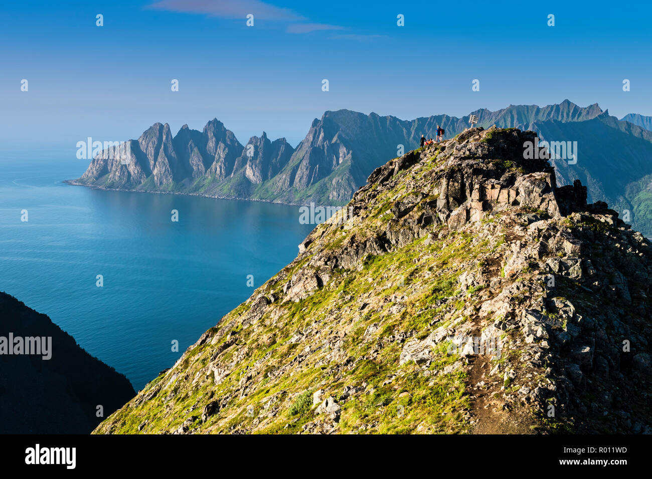 Gli escursionisti sulla cima della montagna Husfjell, vista la gamma della montagna Okshornan nel retro, picchi passando dal livello del mare, isola Senja, Troms, Norvegia settentrionale, Foto Stock