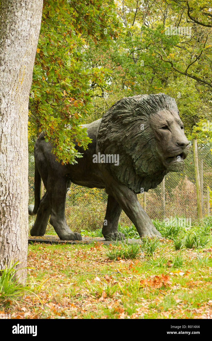 Statua di Lion / scultura per i visitatori, i passeggeri delle auto e dei driver per vedere in seguito al Safari Park trail route a Longleat Safari Park, Wiltshire, Regno Unito Foto Stock