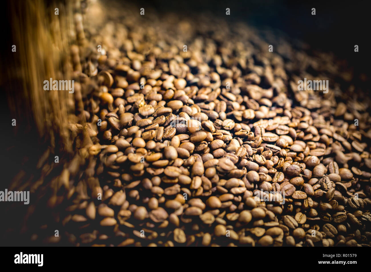 Torrefattore, i chicchi di caffè sfondo Foto Stock