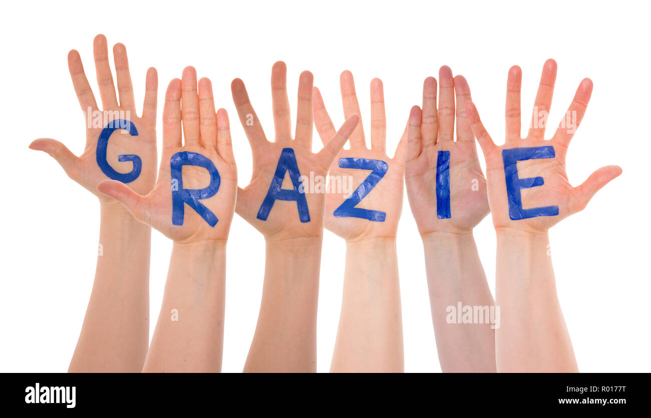 Molte mani edificio Grazie significa la ringrazio, isolato Foto Stock