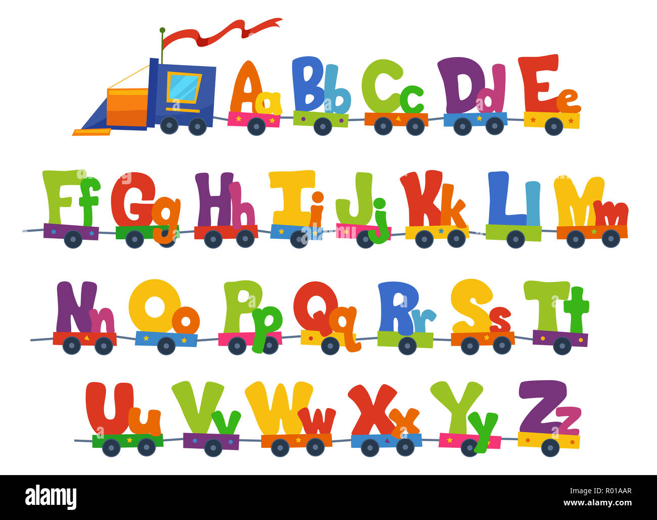 Illustrazione di un treno che porta l'alfabeto in grandi e piccole lettere Foto Stock