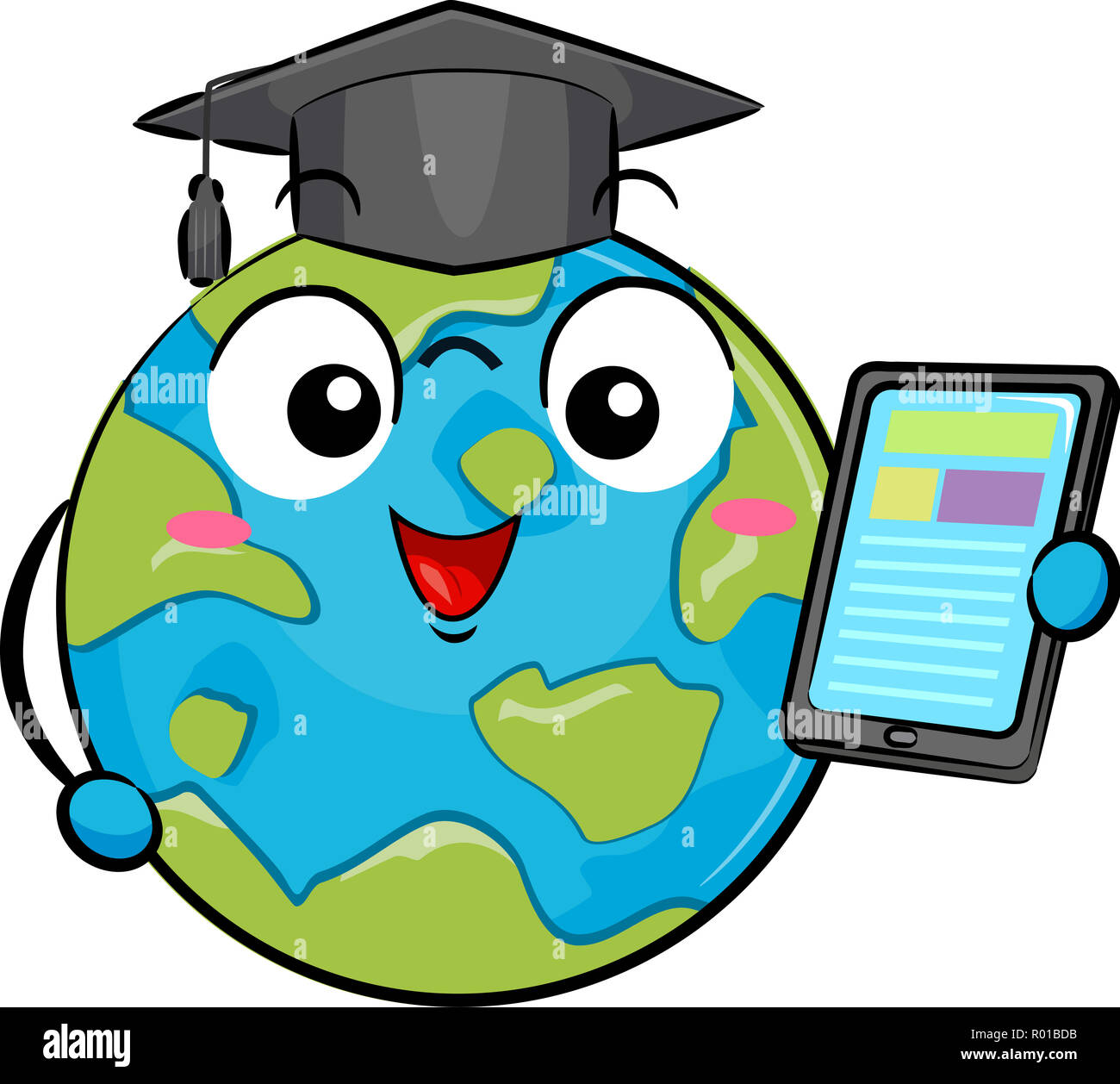 Illustrazione di una massa mascotte indossando un cappello di laurea e un computer tablet Foto Stock