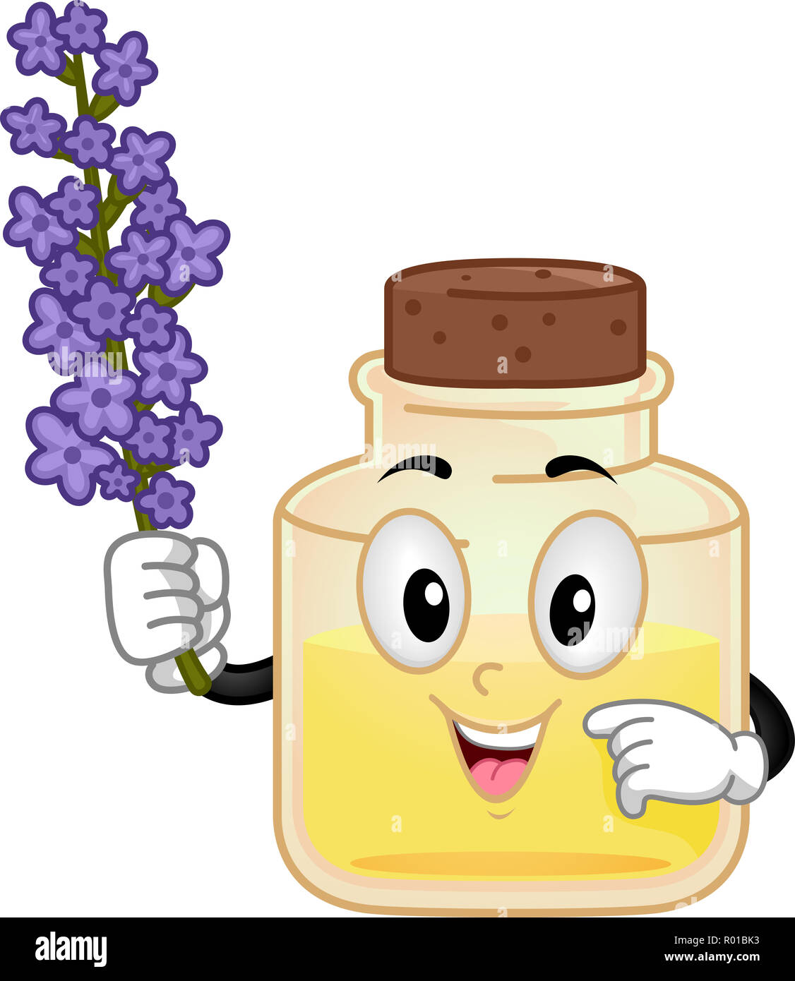 Illustrazione di un'Olio essenziale di lavanda in una bottiglia tenendo un rametto di fiori di lavanda Foto Stock
