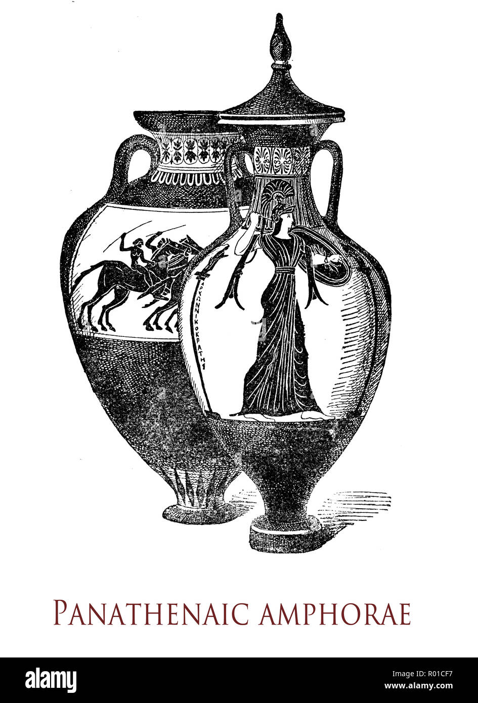La Grecia, vintage incisione di due antichi panathenaic anfore, grandi recipienti in ceramica con manici stretto collo stretto e piedi, contenente olio d'oliva, premio al Panathenaic Giochi Foto Stock
