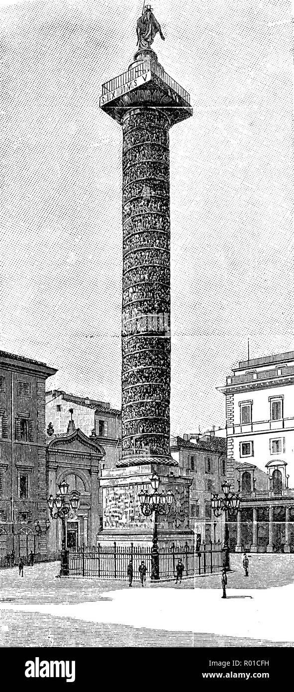 Incisione Vintage della colonna di Antonino Pio onorifico monumento di Roma, Italia, dedicato nel 161 DC all'imperatore Antonino Pio nel Campo Marzio, costruito in granito rosso con una base di marmo Foto Stock
