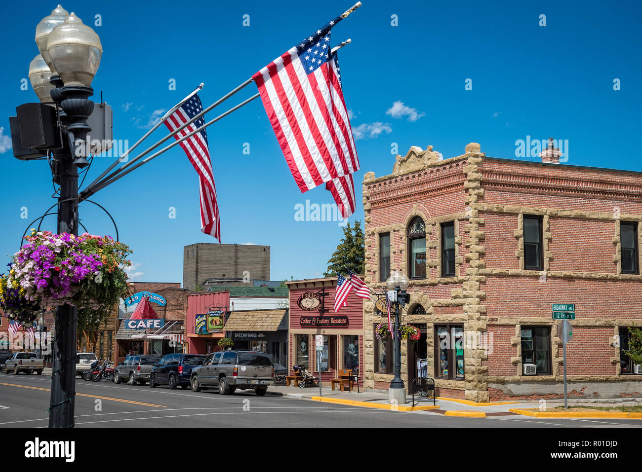 Downtown Red Lodge, Montana, su la Beartooth Highway, un National Scenic Byways strada All-American. Foto Stock