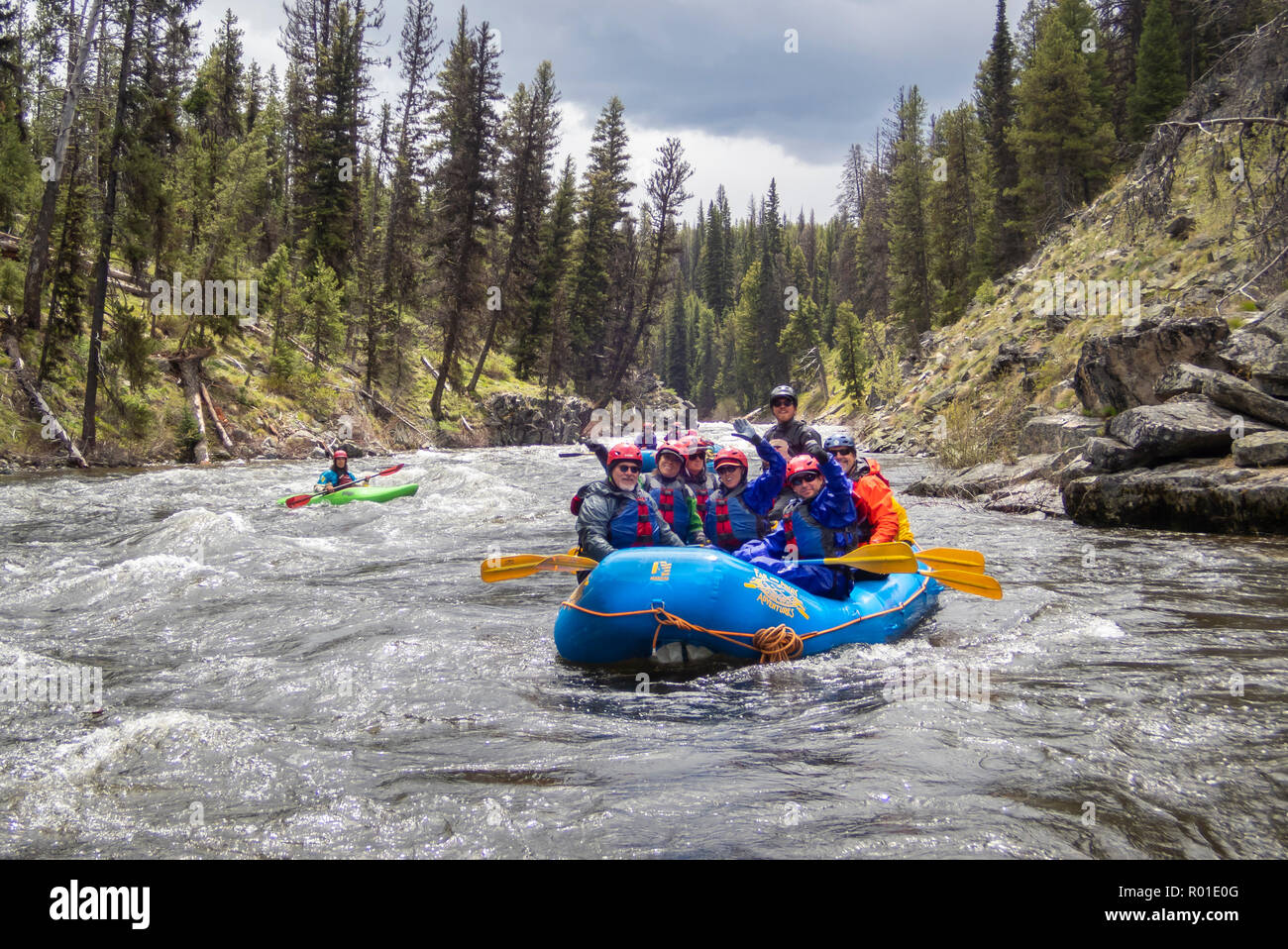 Rafting sul fiume Salmon di Middle Fork in Idaho con outfitter far and Away Adventures. Foto Stock