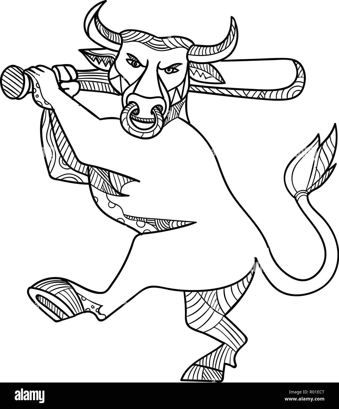 Ingresso linea mono illustrazione del Texas longhorn bull battere con la mazza da baseball in bianco e nero eseguita in stile monolinea. Illustrazione Vettoriale