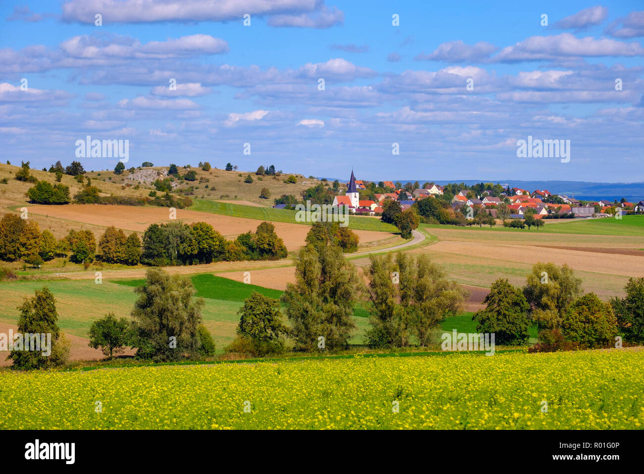 In Schmähingen Nördlinger Ries, vicino Nördlingen, distretto di Donau-Ries, Svevia, Baviera, Germania Foto Stock