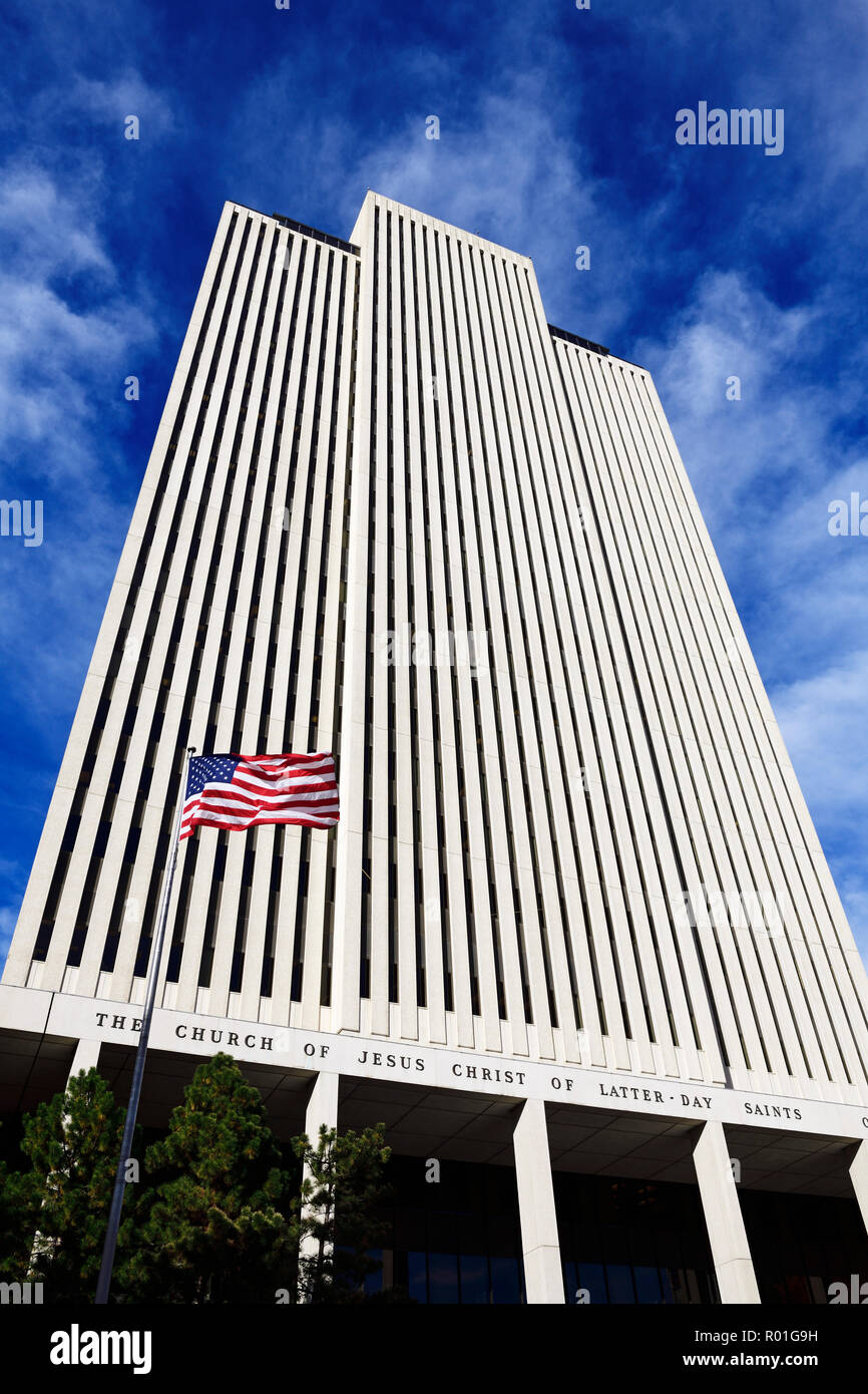 Temple Square, il tempio e il Quartier Generale della Chiesa di Gesù Cristo dei Santi degli Ultimi Giorni, Salt Lake City, Utah, Stati Uniti d'America Foto Stock
