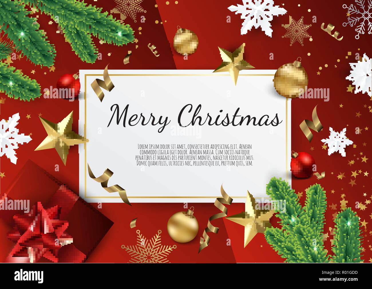 Natale sfondo luminoso con golden decorazioni di Natale. Merry Christmas greeting card Illustrazione Vettoriale