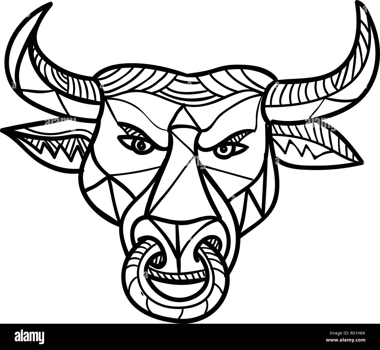 Mosaico di basso Stile del poligono illustrazione di un Texas longhorn bull con naso anello se visto dalla parte anteriore sulla isolato sfondo bianco a colori. Illustrazione Vettoriale