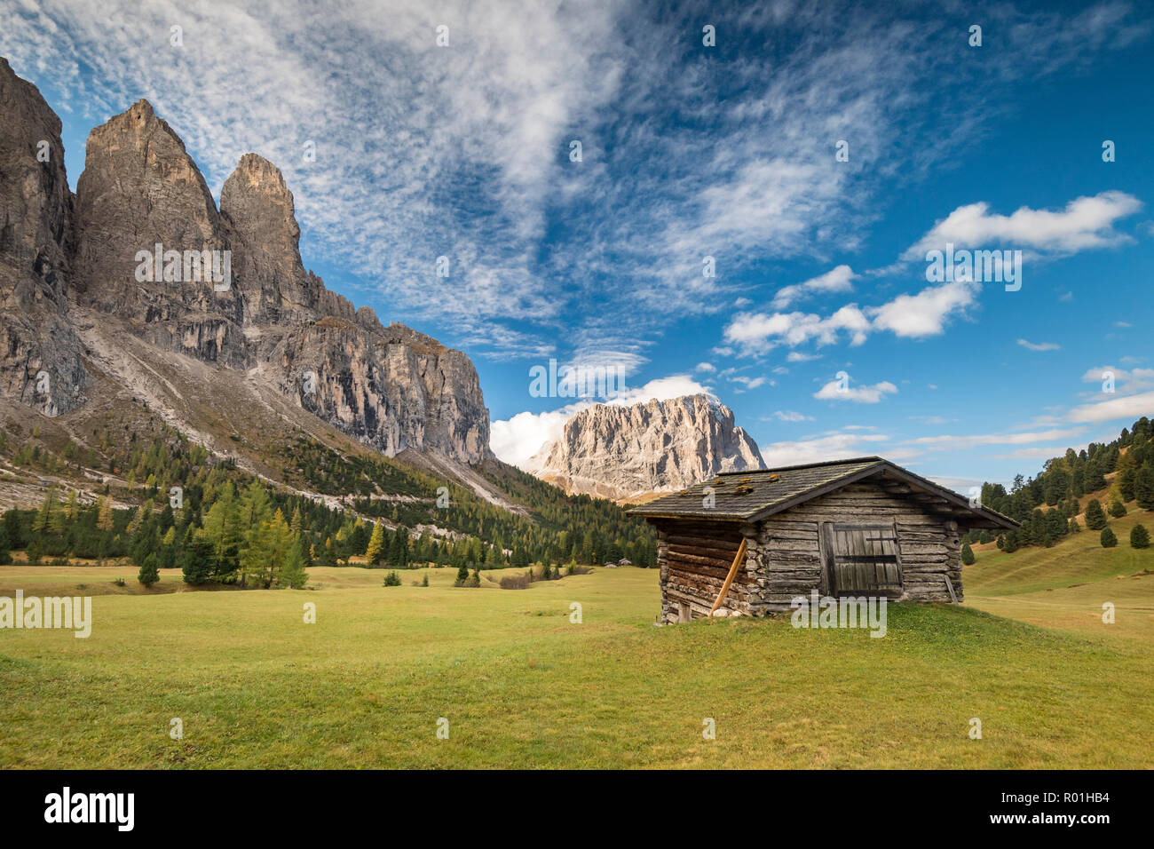 Capanna a Grödner Joch, Sassolungo sul retro, Passo Gardena, Val Gardena, Dolomiti, Alto Adige, Italia Foto Stock