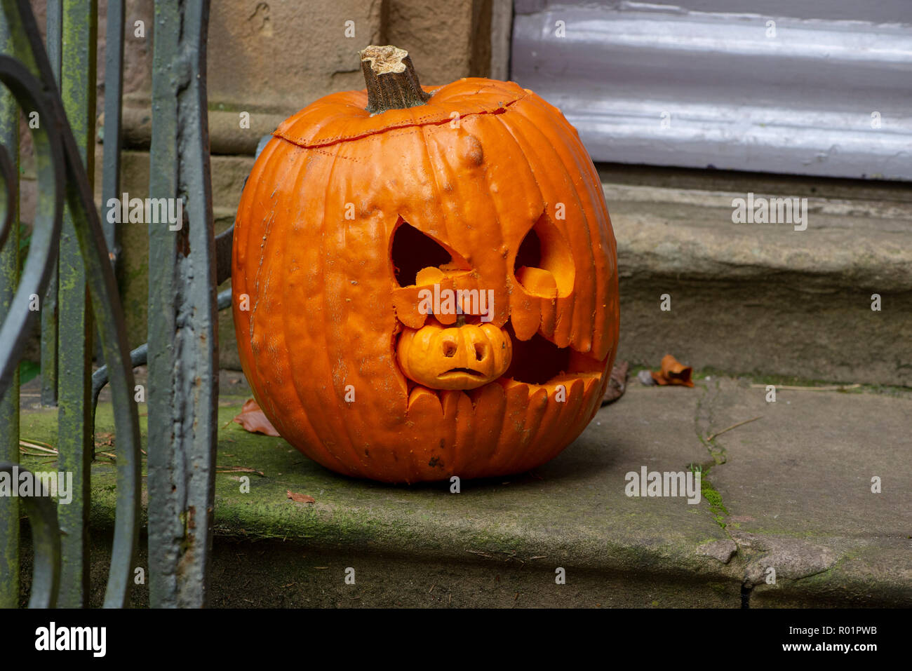 Preston, Lancashire, Regno Unito. Il 31 ottobre, 2018. Zucca di Halloween, Chipping, Preston, Lancashire. Credito: John Eveson/Alamy Live News Foto Stock