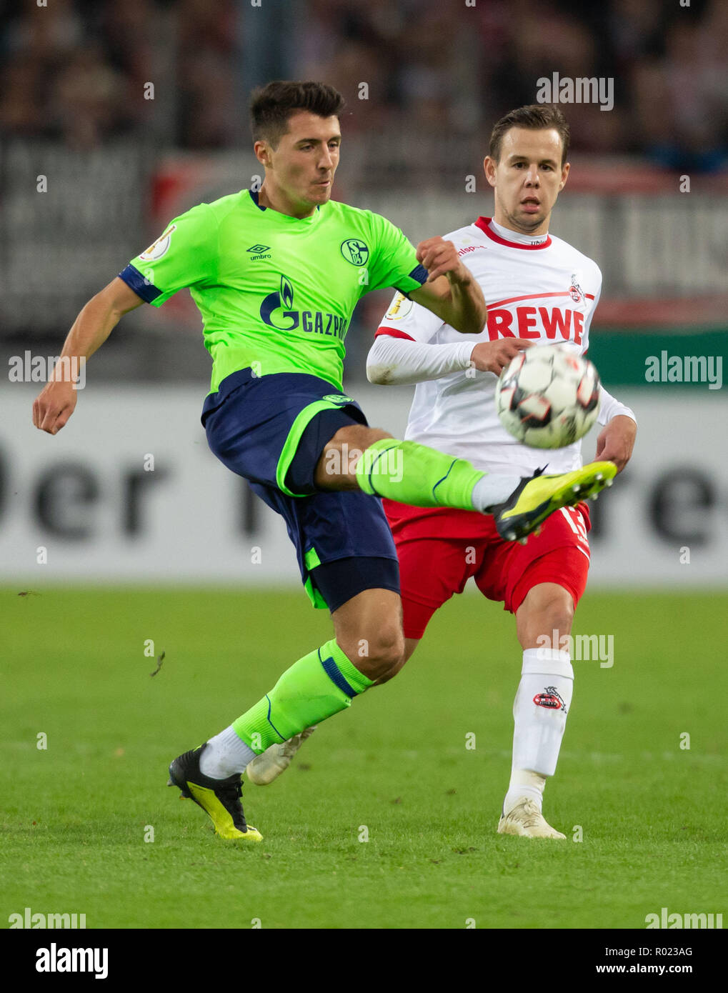 Colonia, Germania 31 ottobre 2018, DFB Pokal, FC Koeln - FC Schalke 04: Alessandro Andre Schoepf (S04), Louis Schaub (Koeln) in concorrenza. Credito: Juergen schwarz/Alamy Live News DFB REGOLAMENTI VIETANO QUALSIASI USO DI FOTOGRAFIE come sequenze di immagini e/o quasi-credito VIDEO: Juergen schwarz/Alamy Live News Foto Stock