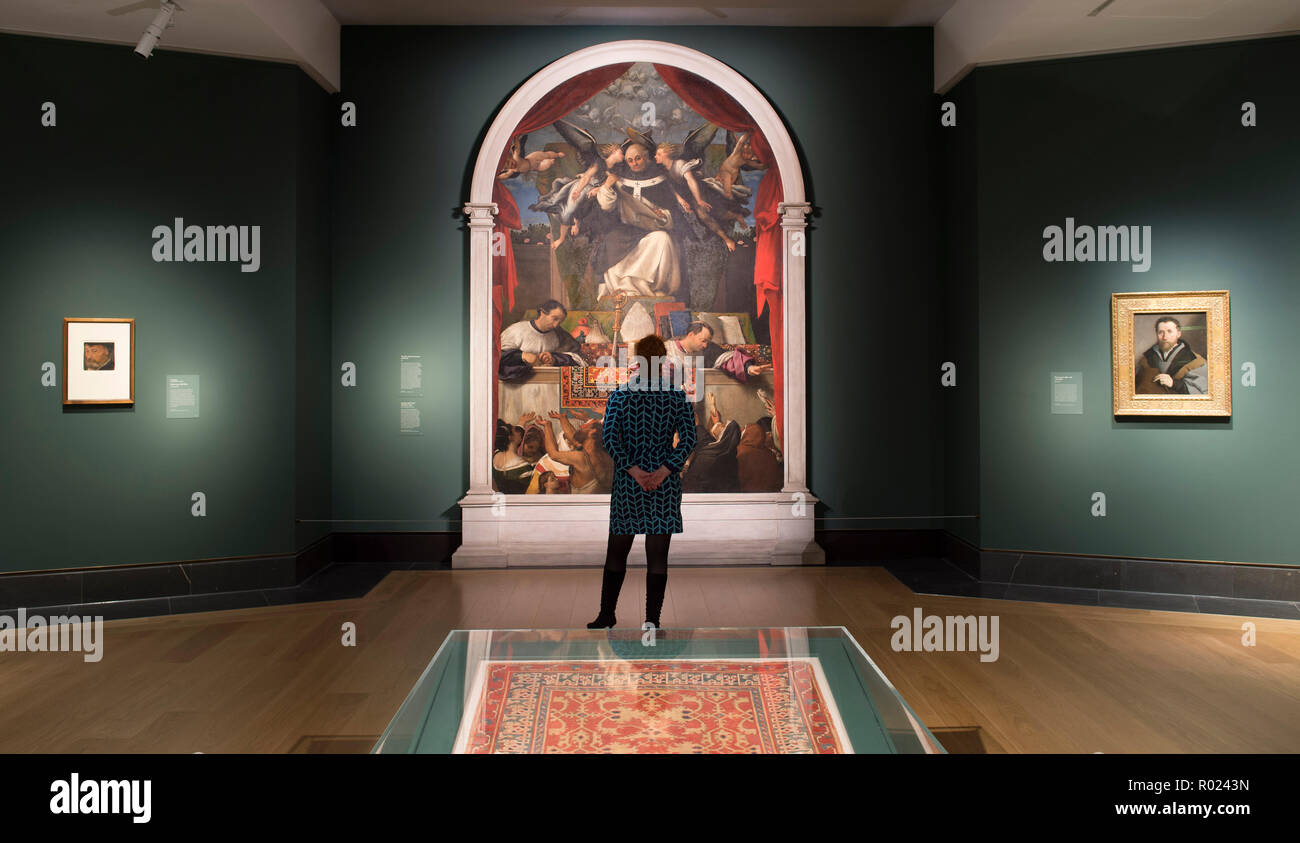 National Gallery di Londra, Regno Unito. 1 Novembre, 2018. Nato a Venezia e di scuola veneziana, il rinascimento ritratto pittore Lorenzo Lotto ha viaggiato molto e ha lavorato in diverse parti d'Italia, più in particolare a Treviso, Bergamo e Venezia e le marche italiane. La mostra va dal 5 Nov 2018 - 10 Feb 2019. Immagine: l'Elemosina di San Antonino di Firenze, 1542. Chiesa di Ss. Giovanni e Paolo Venezia. Credito: Malcolm Park/Alamy Live News. Foto Stock