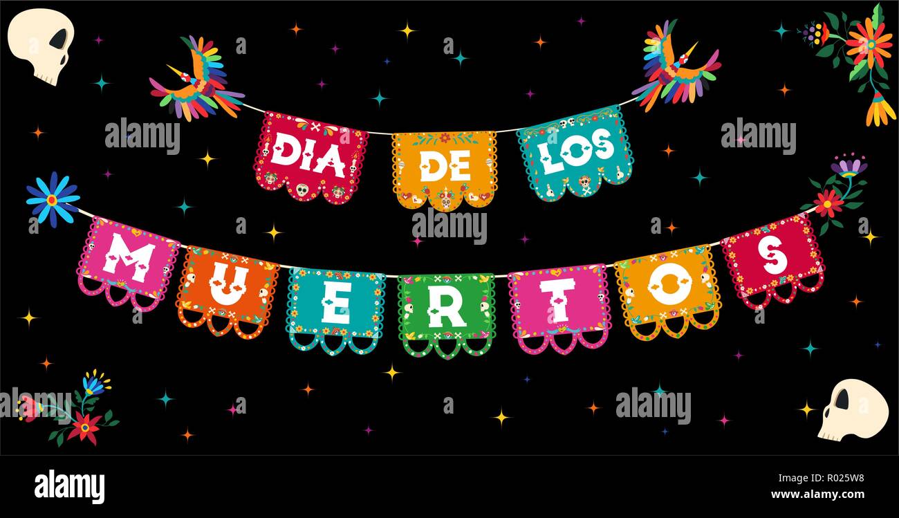 Il giorno dei morti illustrazione in lingua spagnola per la tradizionale cultura messicana holiday celebrazione con teschi di zucchero colorate e bandiere di carta. Illustrazione Vettoriale