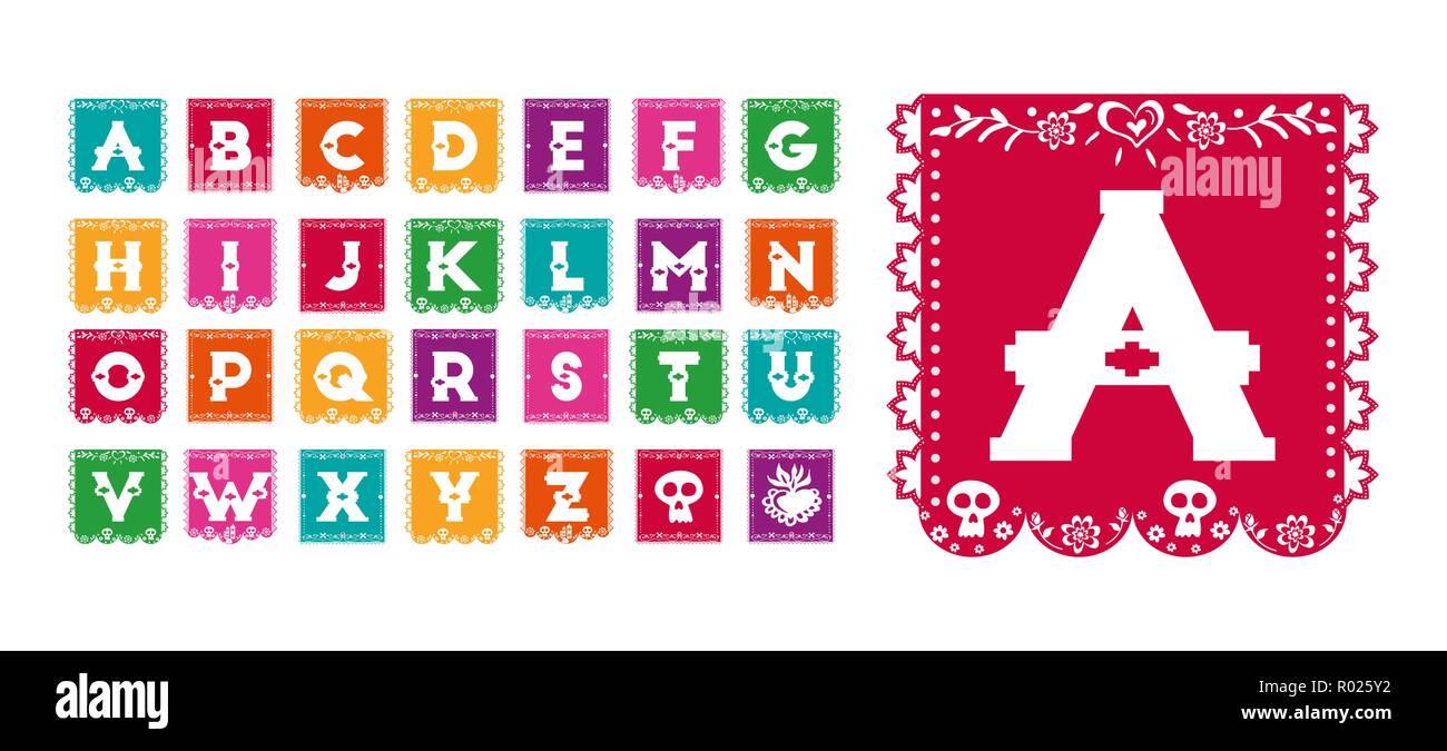 In stile messicano alfabeto set tipografia, carta tradizionale bandiera font in colori festosi con il giorno dei morti cranio decorazione. Illustrazione Vettoriale