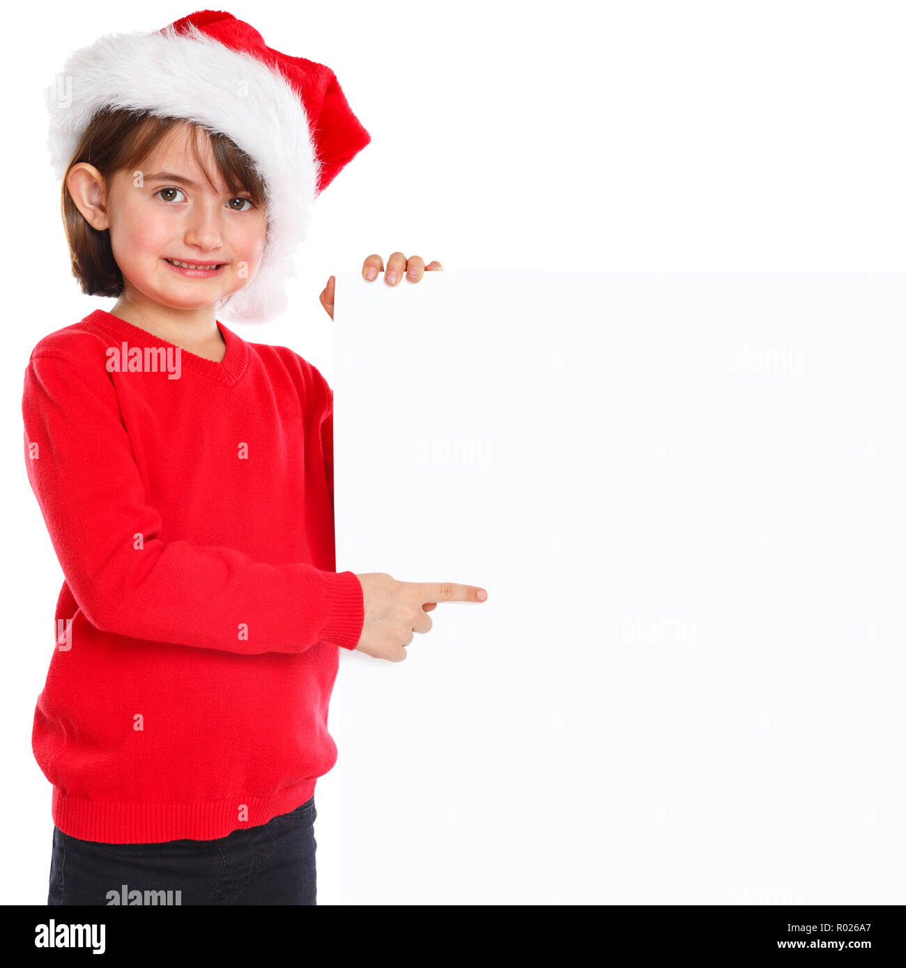 Bambino kid girl Christmas Santa Claus puntamento banner vuoto copyspace spazio copia Foto Stock