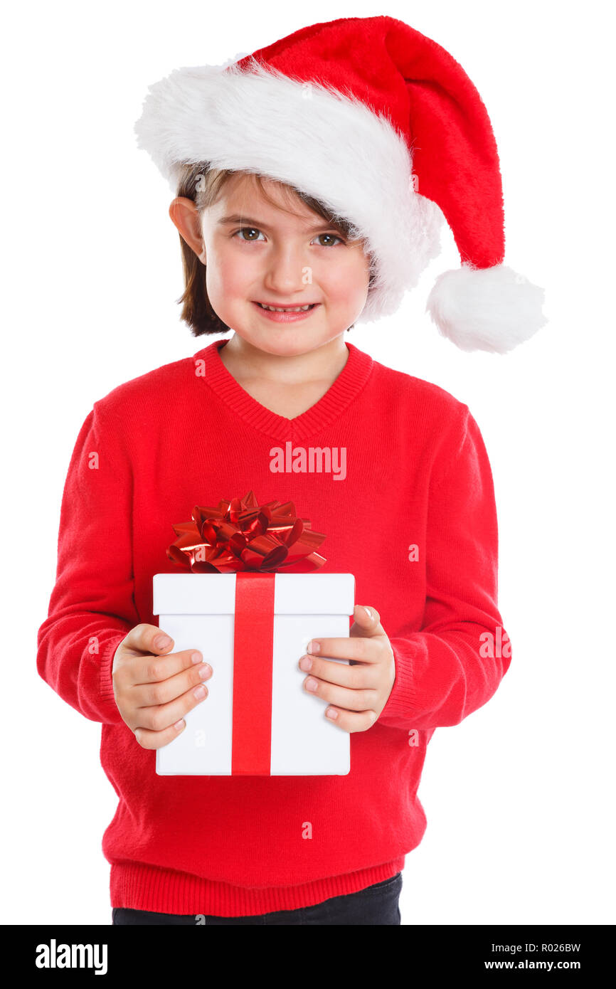 Regalo Natale Ragazza.Bambino Kid Ragazza Regalo Di Natale Presente Santa Claus Sorpresa Isolato Su Uno Sfondo Bianco Foto Stock Alamy