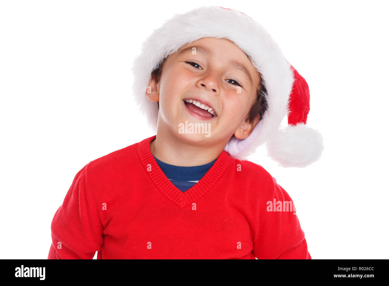 Bambino kid boy Christmas Santa Claus sorridendo felice isolato su sfondo bianco Foto Stock