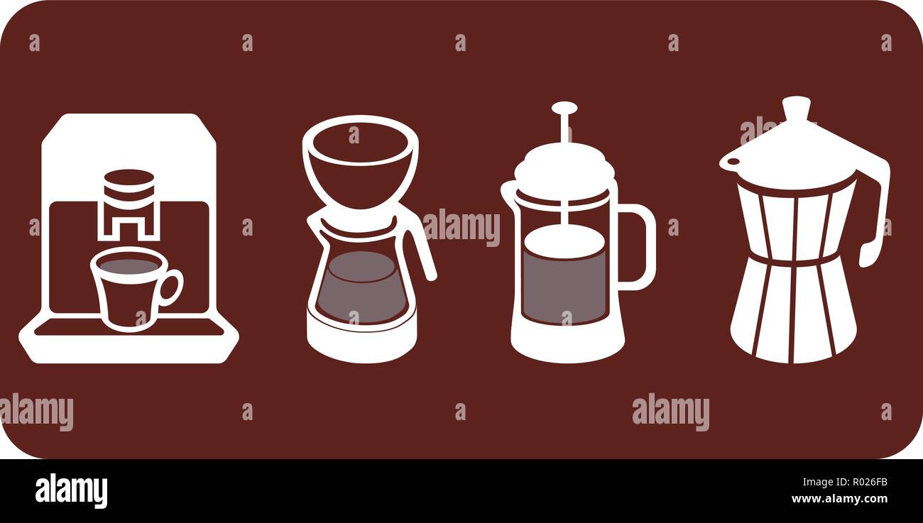 Quattro diverse macchine per il caffè su sfondo marrone Illustrazione Vettoriale