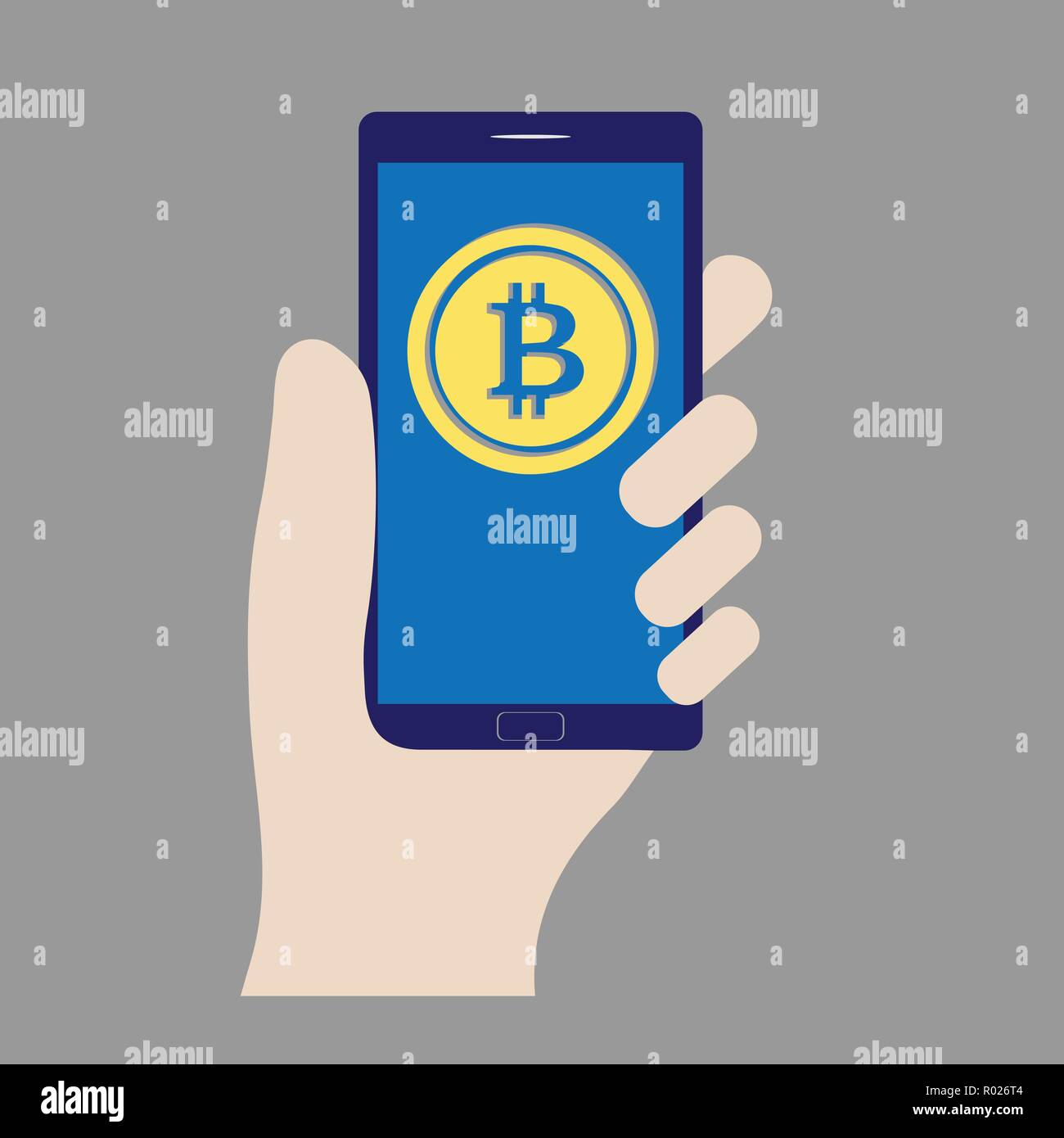 Mano che tiene uno smartphone con simbolo bitcoin su di esso Illustrazione Vettoriale