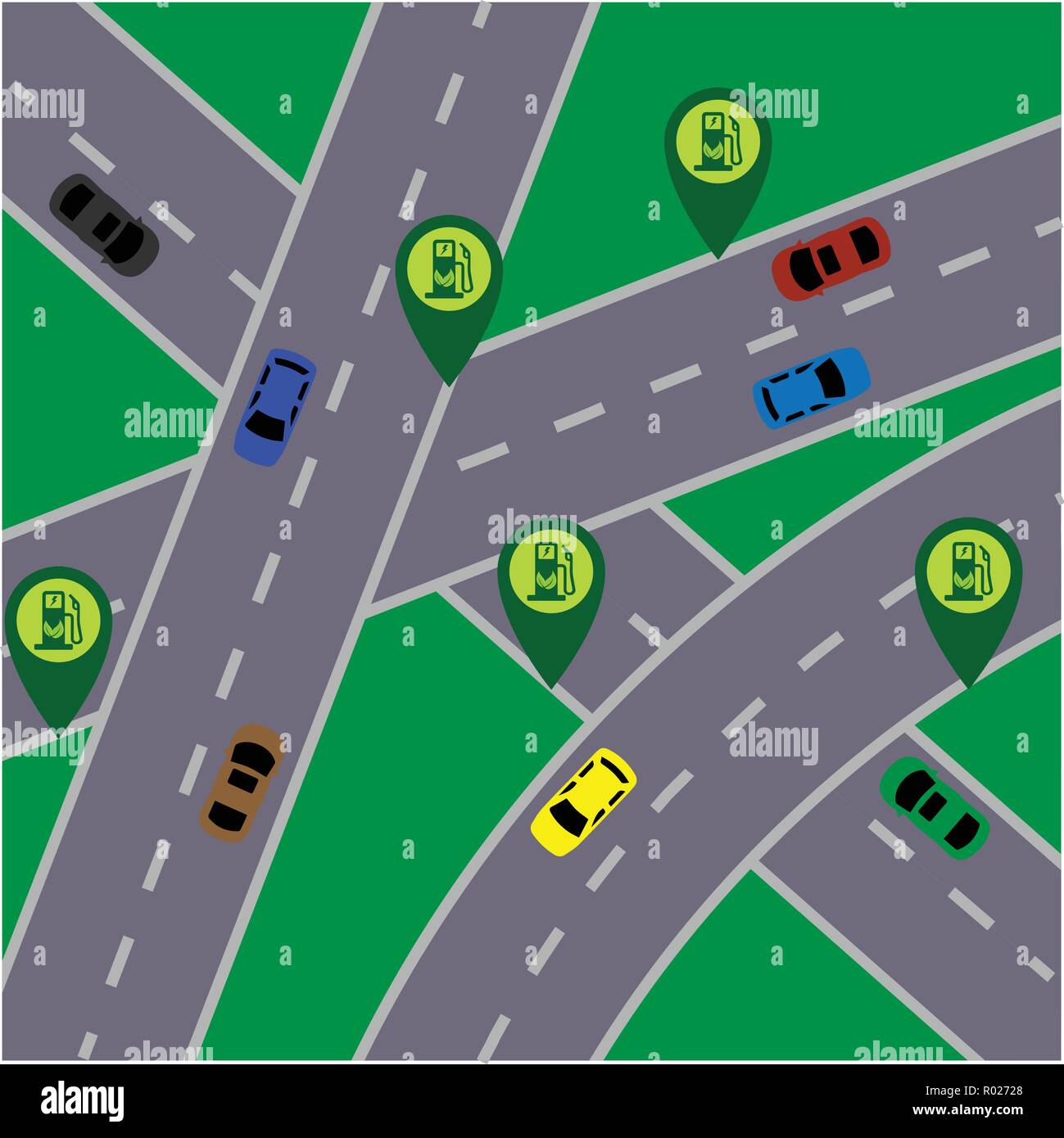 Il verde elettrico pompe di carburante sulla strada Illustrazione Vettoriale