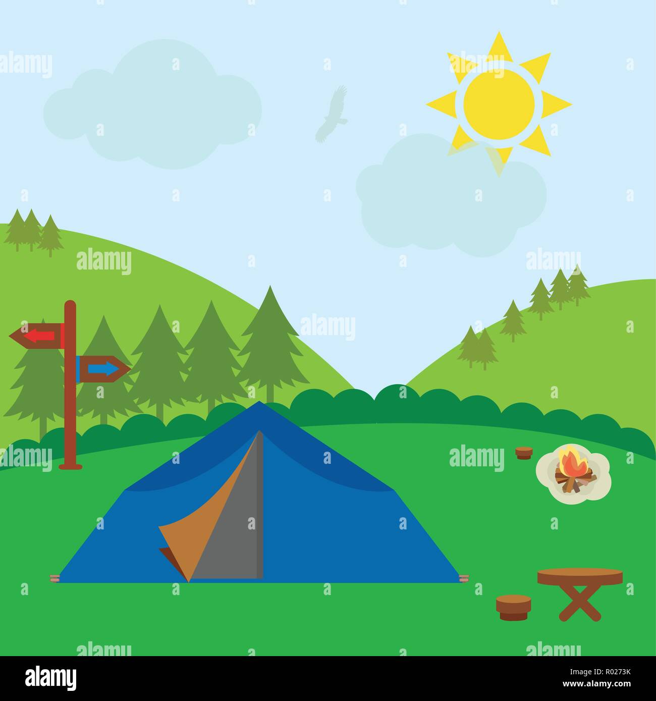 Giornata di sole in montagna con la tenda, il fuoco, tavolo e sedie Illustrazione Vettoriale
