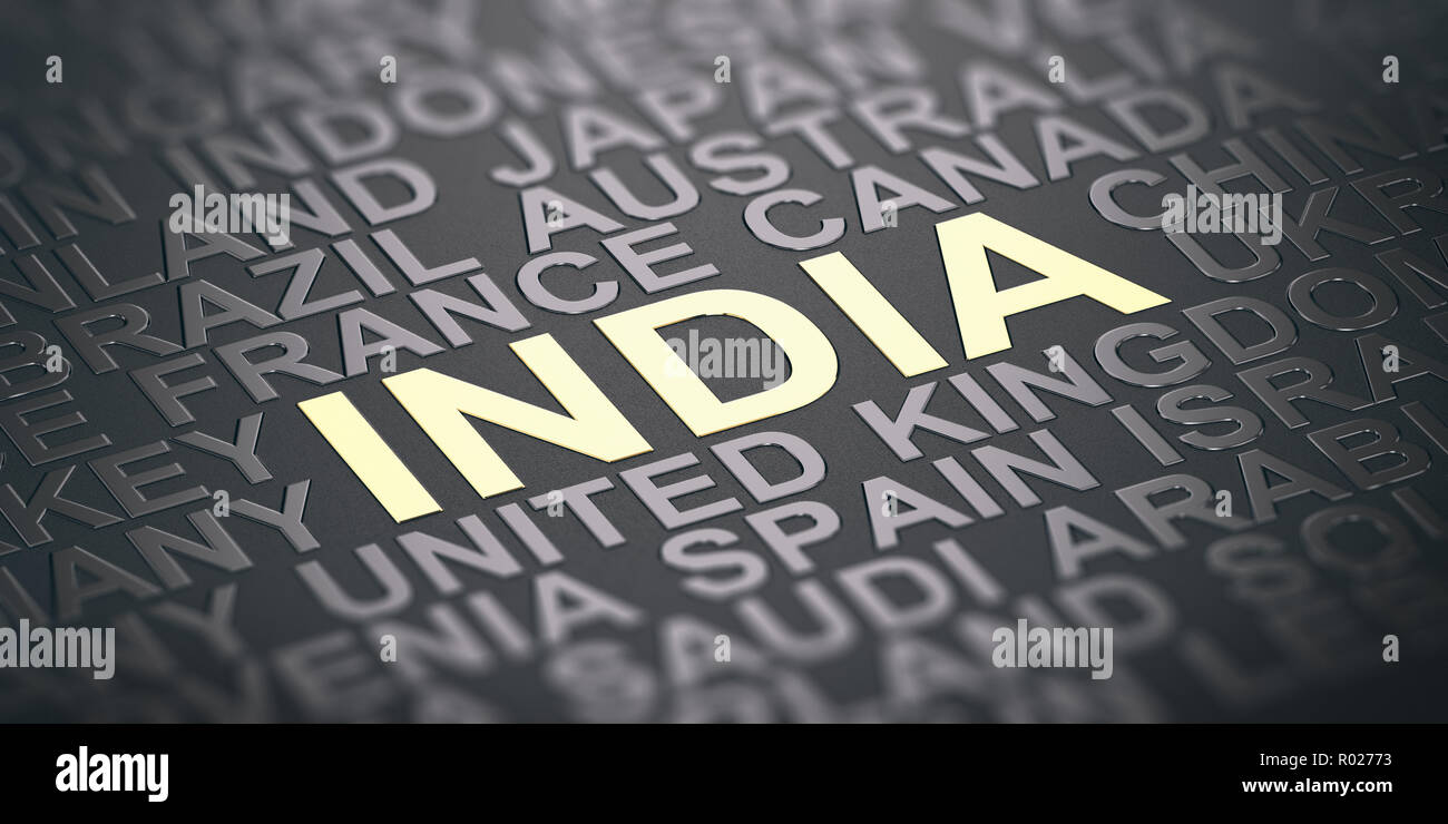 Focus sulla parola India scritto con lettere dorate e molti altri nomi di paesi. 3D'illustrazione. Foto Stock