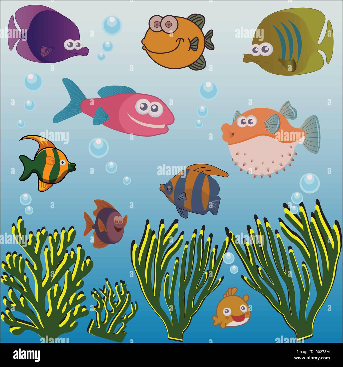 Diversi pesci e alghe marine sotto il mare Illustrazione Vettoriale