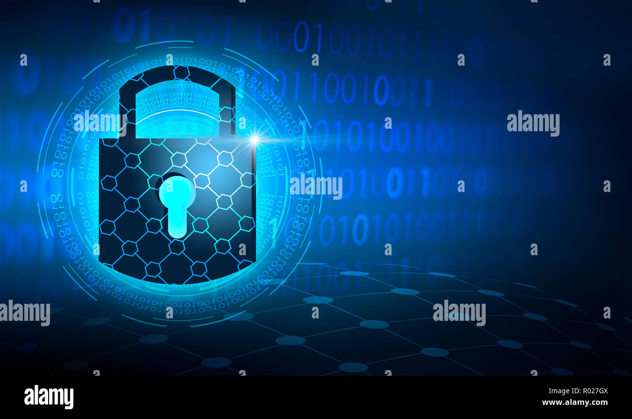 Serratura a chiave del sistema di sicurezza della tecnologia astratto mondo collegamento digitale cyber security su hi tech sfondo blu scuro Foto Stock