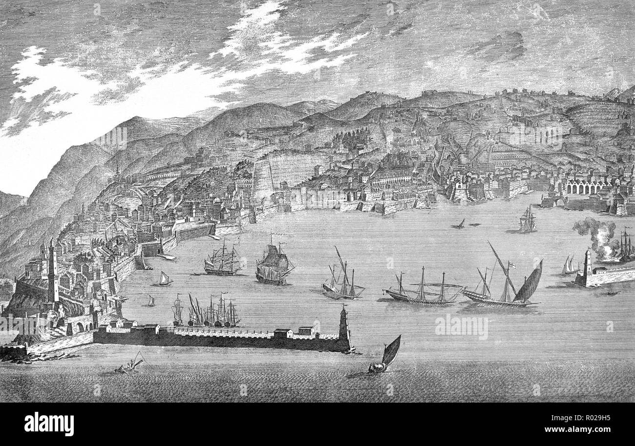Vista del porto e della città di Genova stampa di intagliatore Torricellii 1770 Italia Foto Stock