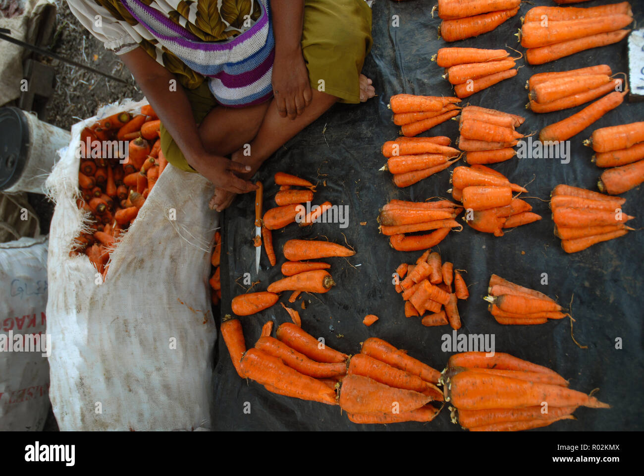 Signora vendendo le carote a Boroko mercato, Port Moresby, Papua Nuova Guinea. Foto Stock