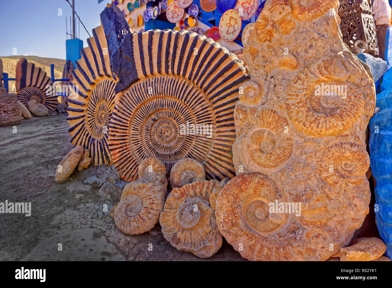 Agadir ammonita fossili di essere venduto insieme con ceramica presso un negozio gestito da lavoratori co-operativa a Tamzergourte, a nord di Agadir, Souss-Massa, Marocco. Foto Stock