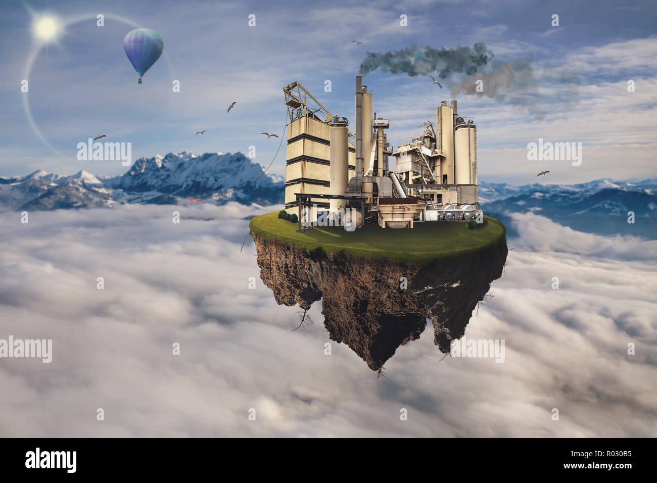 Un isola di volo con un vecchio inquinanti impianto Foto Stock